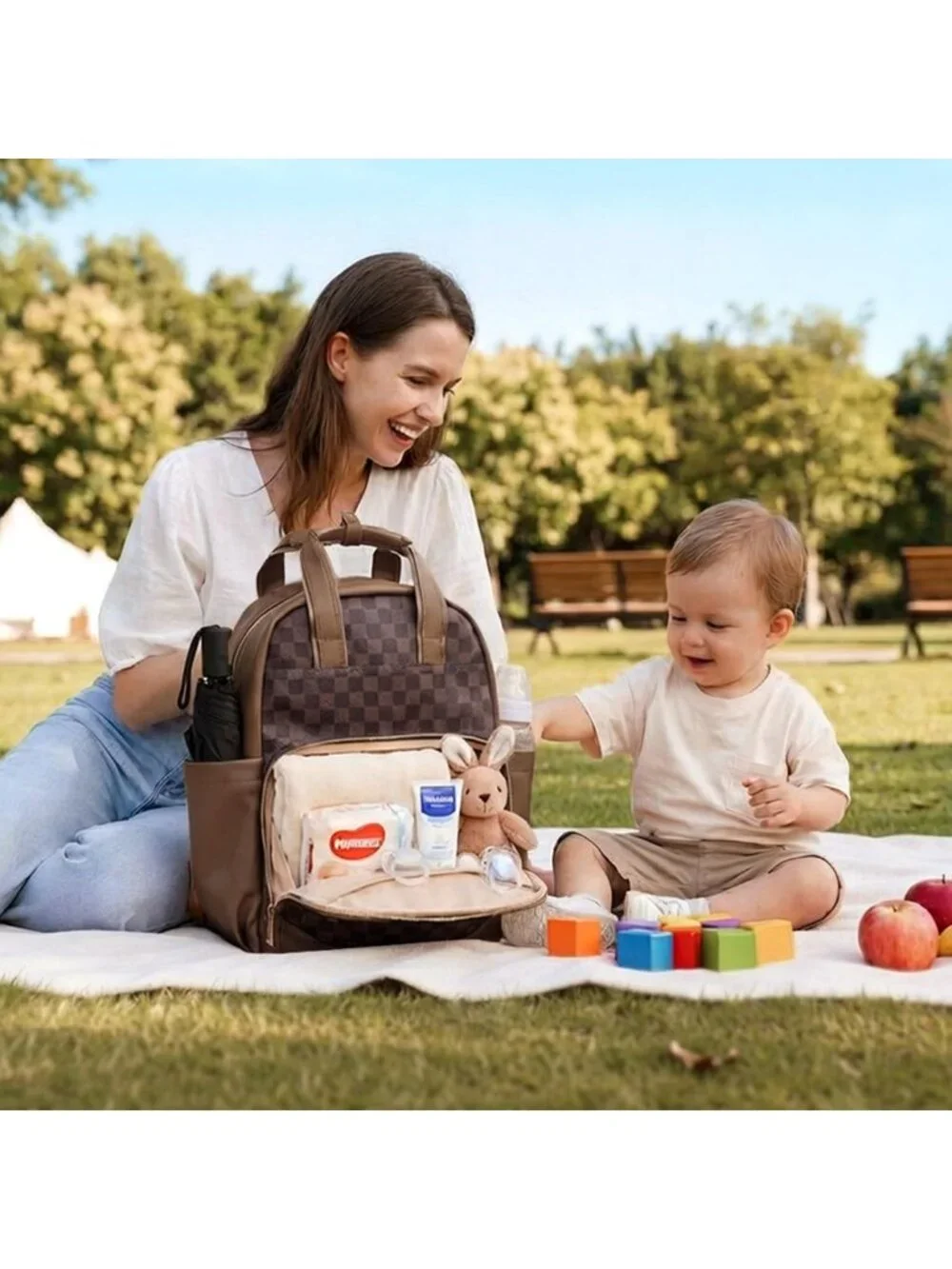 Stylish Checkered Baby Diaper Backpack with Changing Pad - Travel & Daycare